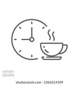 Coffee time icon, tea time. Hot coffee cup and time symbol for take a break or short rest period. Morning breakfast beverage. Editable stroke vector illustration. Design on white background. EPS 10