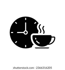 Coffee time icon, tea time. Hot coffee cup and time symbol for take a break or short rest period. Morning breakfast beverage. Glyph pictogram. vector illustration. Design on white background. EPS 10