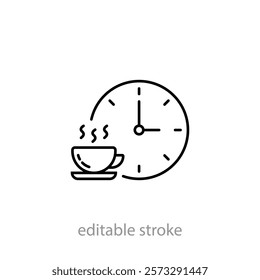 Coffee time icon, tea time. Hot coffee cup and time symbol for take a break or short rest period. Morning breakfast beverage. Editable stroke vector illustration. Design on white background.