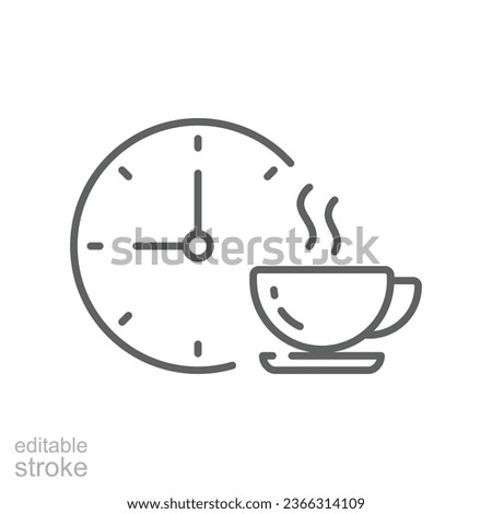 Coffee time icon, tea time. Hot coffee cup and time symbol for take a break or short rest period. Morning breakfast beverage. Editable stroke vector illustration. Design on white background. EPS 10