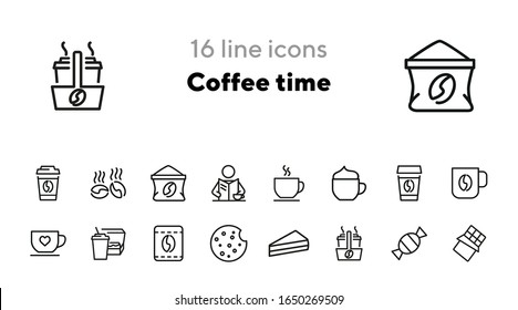 Coffee time icons. Set of line icons. Morning coffee, take away coffee, cookie. Coffee break concept. Vector illustration for topics like business process, everyday routine, food, office life
