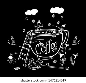 Coffee time illustration concept with cute little people working and carrying coffee beans, cup and hand lettering. Vector illistration