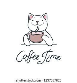 Coffee time. Illustration of cute white cat with a cup of coffee isolated on white background. Can be used for menu, logo or flyer. Vector 8 EPS.