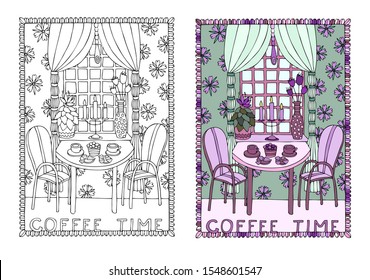 Coffee time. Illustration depicting a coffee table near a window. Hand drawn illustration. Sketch for adult coloring book. Can be used for postcard, greeting card, signboard or poster design.