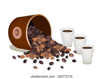 Coffee Time, An Illustration of Different Roasted Coffee Beans Dropped from A Wooden Bucket with A Cup of Take Away Coffee 
