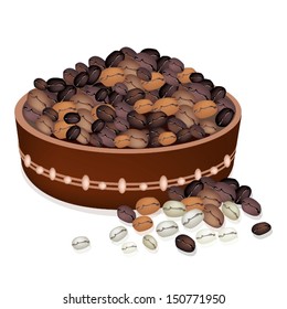 Coffee Time, An Illustration of Different Roasted Coffee Beans in A Wooden Bucket Isolated on A White Background 