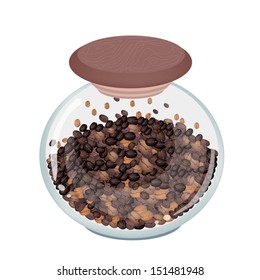 Coffee Time, An Illustration of Different Roasted Coffee Beans in A Round Glass Jar Isolated on A White Background 