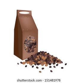 Coffee Time, An Illustration of Different Roasted Coffee Beans Stack with A Paper Bag Isolated on A White Background 