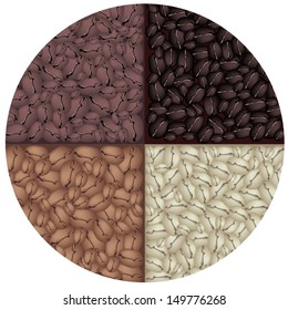 Coffee Time, An Illustration Four Colors of Beautiful Roasted Coffee Beans, Dark Brown, Brown, Light Brown and Green in Circle Shape 