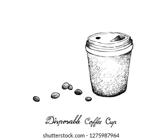 Coffee Time, Illustration Hand Drawn Sketch of Takeaway Coffee in A Disposable Cup Isolated on White Background.