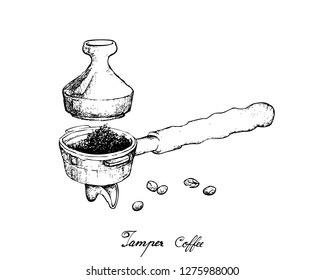 Coffee Time, Illustration Hand Drawn Sketch of Roasted Coffee Beans in Metal Portafilter or Filter Holder with Tamper of Espresso Machine.