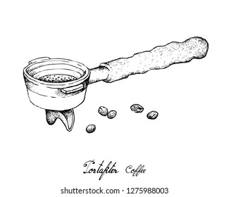 Coffee Time, Illustration Hand Drawn Sketch of Roasted Coffee Beans in Metal Portafilter or Filter Holder of Espresso Machine.