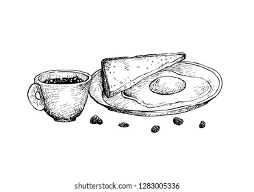 Coffee Time, Illustration Hand Drawn Sketch of A Cup of Hot Coffee Served with Breakfast Fried Egg Isolated on White Background. 
