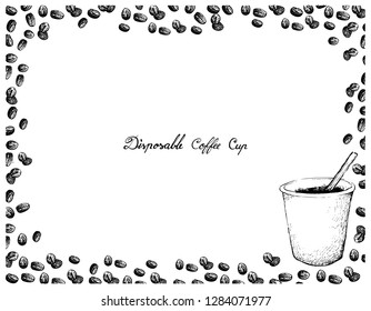 Coffee Time, Illustration Hand Drawn Sketch of Takeaway Coffee in A Disposable Cup with Roasted Beans Isolated on White Background.
