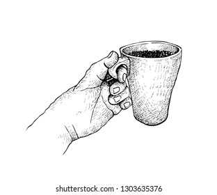 Coffee Time, Illustration Hand Drawn Sketch of Hand Holding A Cup of Coffee Isolated on White Background.