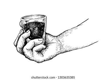 Coffee Time, Illustration Hand Drawn Sketch of Hand Holding A Shot of Espresso Isolated on White Background.