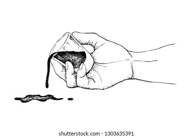 Coffee Time, Illustration Hand Drawn Sketch of Hand Holding A Shot of Espresso Isolated on White Background.