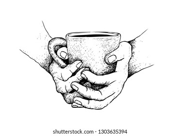 Coffee Time, Illustration Hand Drawn Sketch of Hand Holding A Cup of Coffee Isolated on White Background.