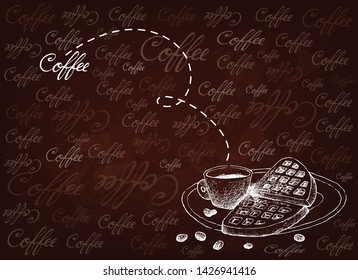 Coffee Time, Illustration Hand Drawn Sketch of A Cup of Hot Coffee Served With Freshly Homemade Belgian Waffle on Brown Background.
