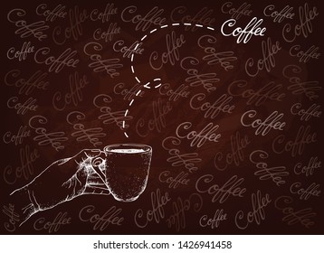 Coffee Time, Illustration Hand Drawn Sketch of Hand Holding A Mug of Coffee on Brown Background.
