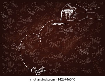 Coffee Time, Illustration Hand Drawn Sketch of Hand Holding A Shot of Espresso on Brown Background.