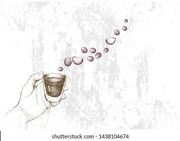 Coffee Time, Illustration Hand Drawn Sketch of Hand Holding A Shot of Espresso with Assorted Roasted Coffee Beans.