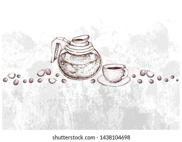 Coffee Time, Illustration Hand Drawn Sketch of Coffee Beans with Glass Pot