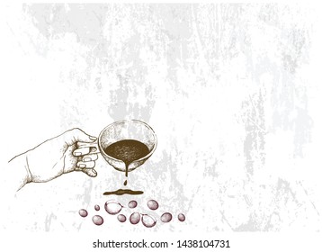 Coffee Time, Illustration Hand Drawn Sketch of Hand Holding A Cup of Coffee with Coffee Beans.