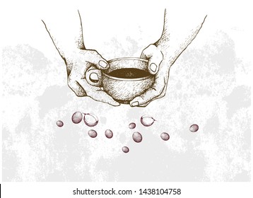 Coffee Time, Illustration Hand Drawn Sketch of Hand Holding A Cup of Coffee with Coffee Beans.