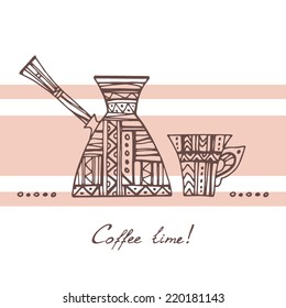 Coffee time illustration. Ornamental Cezve and cup, brown contour on background with beige stripes.