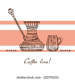 Coffee time illustration. Ornamental Cezve and cup, brown contour on the background with orange stripes.