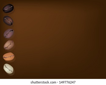 Coffee Time, An Illustration Various Colors of Roasted Coffee Beans in A Row on Dark Brown Background with Copy Space for Text Decorated  