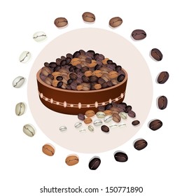 Coffee Time, An Illustration Various Kind of Roasted Coffee Bean Around A Wooden Bucket with Bean Isolated on A White Background 