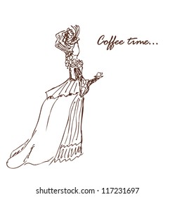 Coffee time image. Sketch of woman in retro clothes with cup