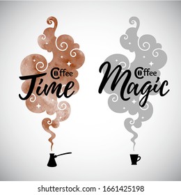 Coffee time inscription, magic brown watercolor swirling smoke, steam, aroma vizualization, ibrik and mag icons. Coffee house menu illustration, vertical shape design element, background template