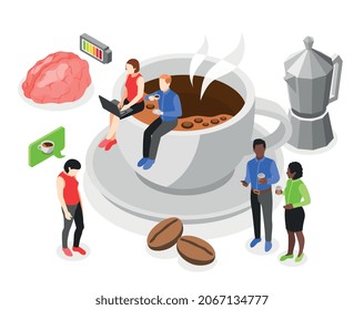 Coffee time isometric concept with little office people sitting on big coffee cup vector illustration