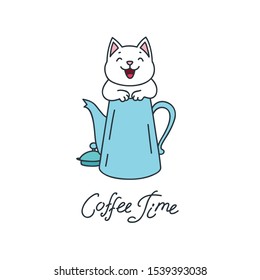 Coffee Time. Kawaii illustration of a happy cat sitting in a coffee pot isolated on white background. Vector 8 EPS.