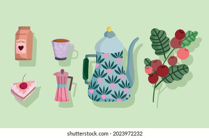 coffee time, kettle cup and branch set