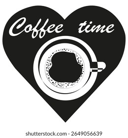 Coffee time label. Top cup view. Bold drink heart. Vector morning symbol.