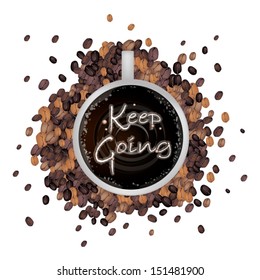 Coffee Time, Latte Art of Milk Cream Writing Keep Going Word on A Cup of Coffee Isolated on White Background 