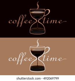 Coffee time lettering with a combination of cup and sand-glass. The realistic coffee flows down showing a limited time. Useful for design of coffee bars, fast food restaurants and office break rooms.