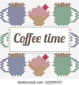 Coffee time lettering with cupcake and coffee, imitation of cross-stitch. Vector illustration
