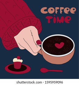 coffee time. lettering and a hand in a sweater holding a Cup of coffee. next to the cupcake and a teaspoon. vector illustration