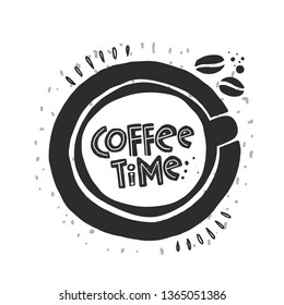 Coffee time lettering icon. Motivational handwritten phrase. Ink hand drawn vector illustration. Bar, poster, logo, cafe, street festival, farmers market, country fair, shop, restaurant, food studio