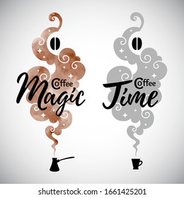 Coffee time lettering, magic watercolor swirling smoke, steam, aroma visualization, ibrik and mag icons, silhouettes. Coffee house menu concept, vertical shape design element, text background.