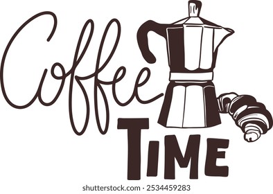 Coffee time lettering with moka pot and croissant	