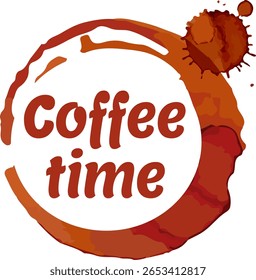 As letras do tempo do café estão aninhadas em uma mancha de xícara de café, realçada por respingos, criando um visual ideal para promover uma cafeteria ou marca de café. Perfeito para materiais de marketing