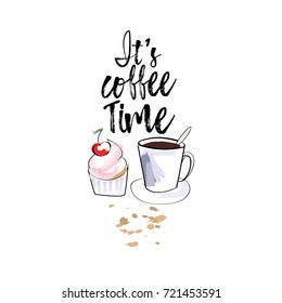 It's coffee time lettering phrase with cupcake and cake on white background