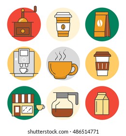 Coffee Time Line Art Thin Vector Icons Set with Cups and Beans