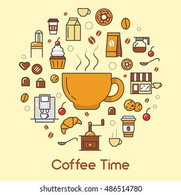 Coffee Time Line Art Thin Vector Icons Set with Cups and Beans